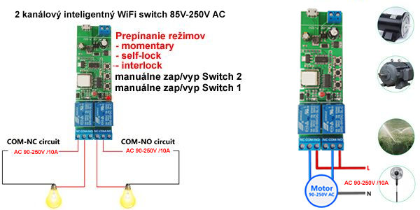 2 kanálový inteligentný WiFi switch 85V-250V AC