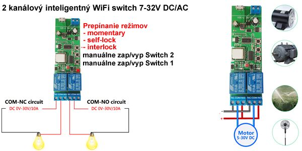 2 kanálový inteligentný WiFi switch 7-32V DC/AC