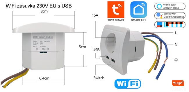 WiFi inteligentná Zásuvka 230V pod omietku Tuya Smart Life