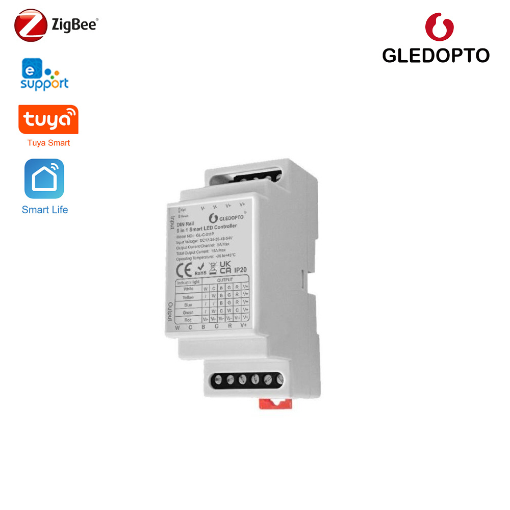 GLEDOPTO Zigbee Pro 5-v-1 LED ovládač (Zigbee+RF) 12V-54V DC, kompatibilný s DIN lištou