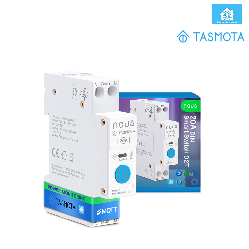 Inteligentný spínač Nous D2T DIN 20A s Tasmotou (1 kanál, s PM, ESP32)